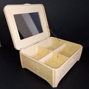 Mid-Century Celluloid Faux Ivory Jewelry Box "Carved" Asian Theme Design